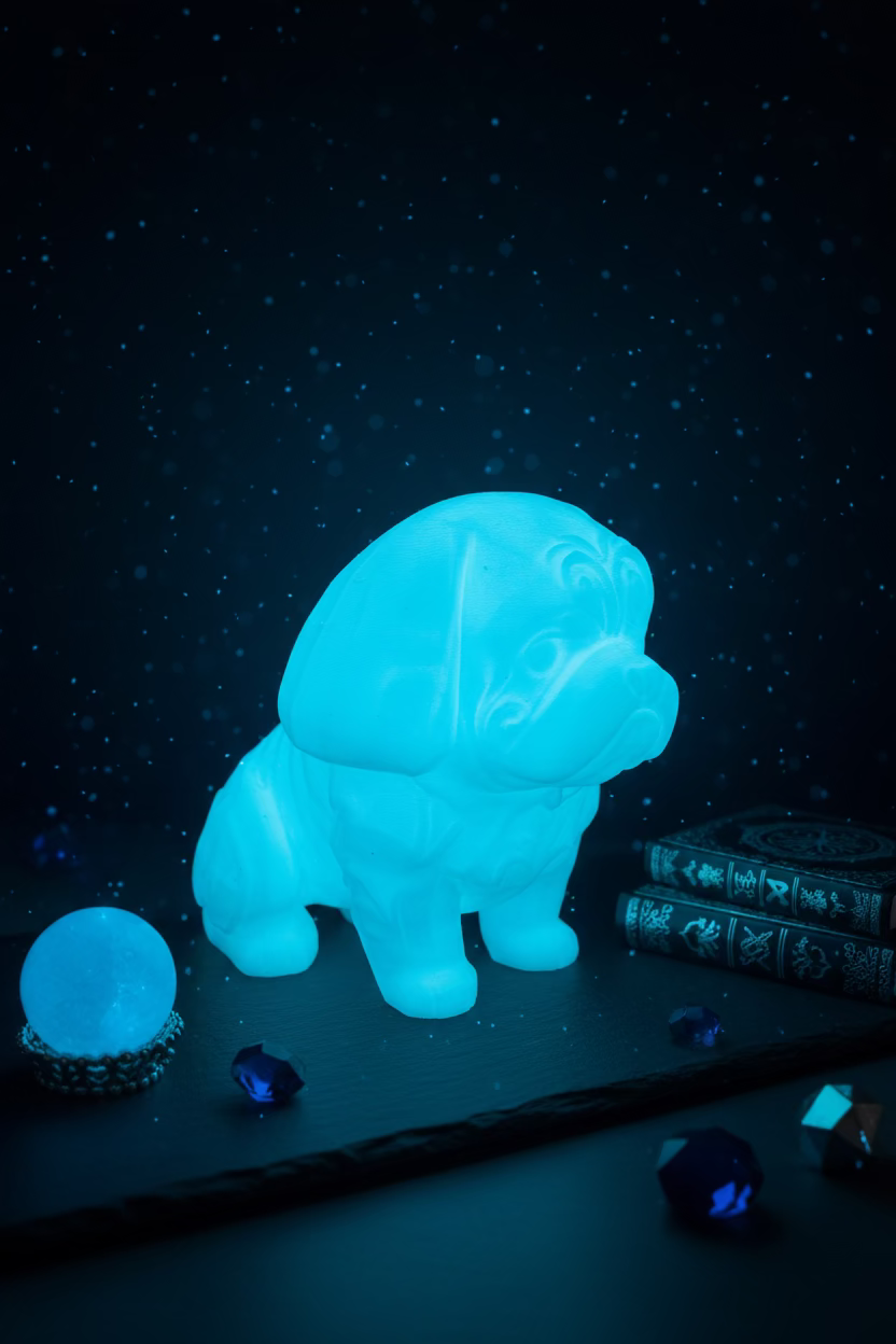 Shih-Tzu-Ornamentfigur, sitzender Hund in leuchtendem Blau mit geprägten Fellranken.