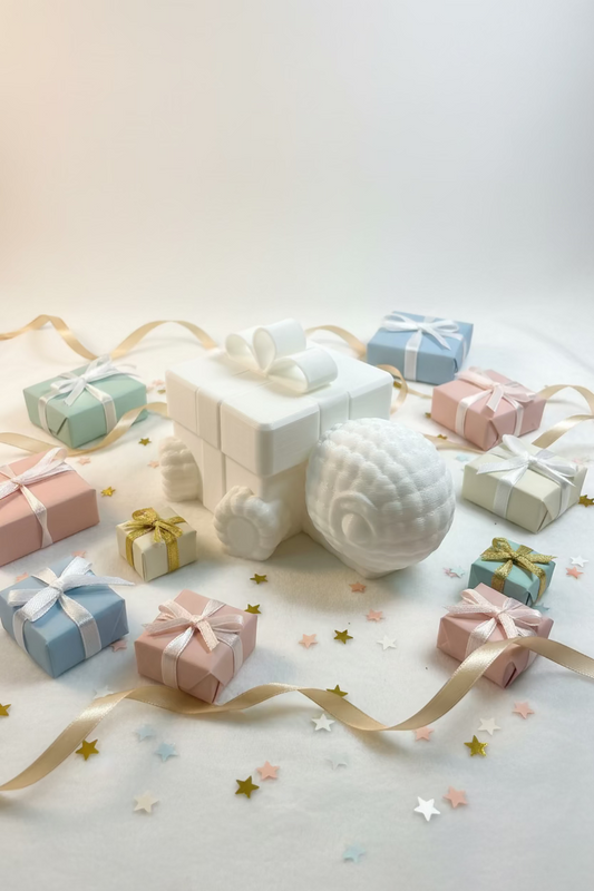 Schildkrötenfigur mit weißer Geschenkbox und Schleife, hellgraues 3D-Design