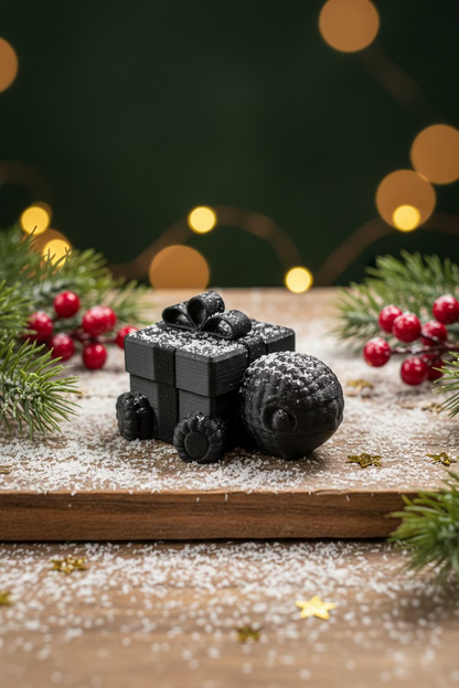 Schildkrötenfigur mit dunkler Geschenkbox und Schleife, dunkelgraues 3D-Design