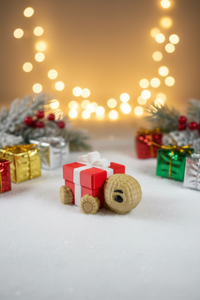 Schildkrötenfigur mit roter Geschenkbox und weißer Schleife, hellbeiges 3D-Design