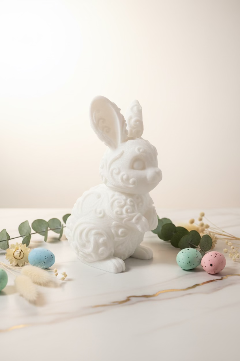 Stehender Hasen-Ornament, weiße Figur, seitliche Ansicht mit Pfoten am Bauch