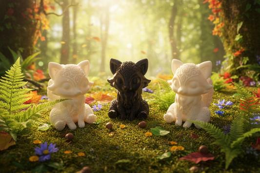 Fuchs-Ornament-Set: drei Figuren auf Moos, mit Blumen und Metallösen