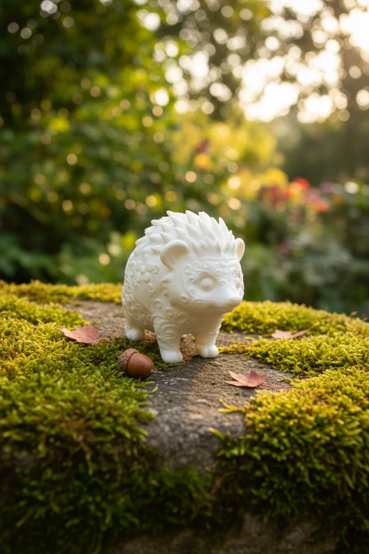 Igel-Ornament, weißliche Figur mit Stacheln, seitliche Ansicht