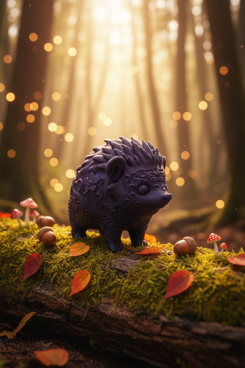 Igel-Ornament, dunkelgraue Figur mit Stacheln, seitliche Ansicht