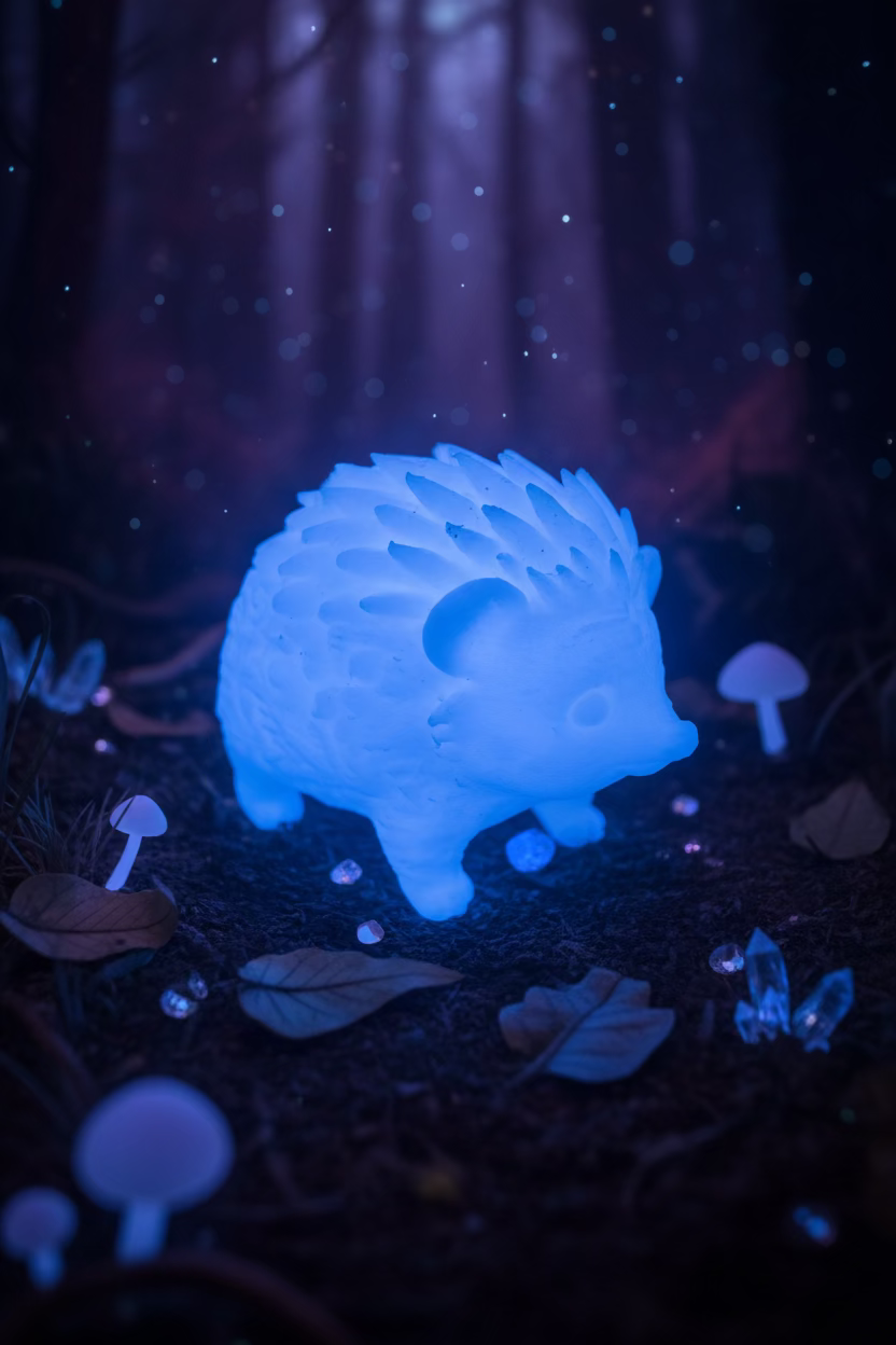 Igel-Ornament als blaue Figur mit Stacheln, von vorn