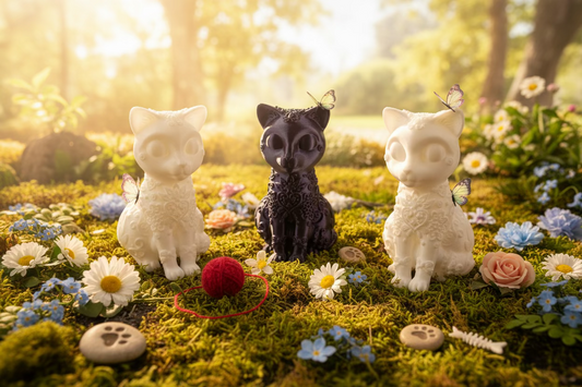 Drei Katzen-Dekofiguren: schwarze und weiße sitzende Figuren auf Blumen