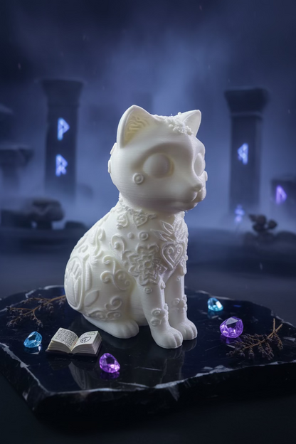 Helle Katzen-Dekofigur mit Ohren und verzierten Fellreliefs, sitzend