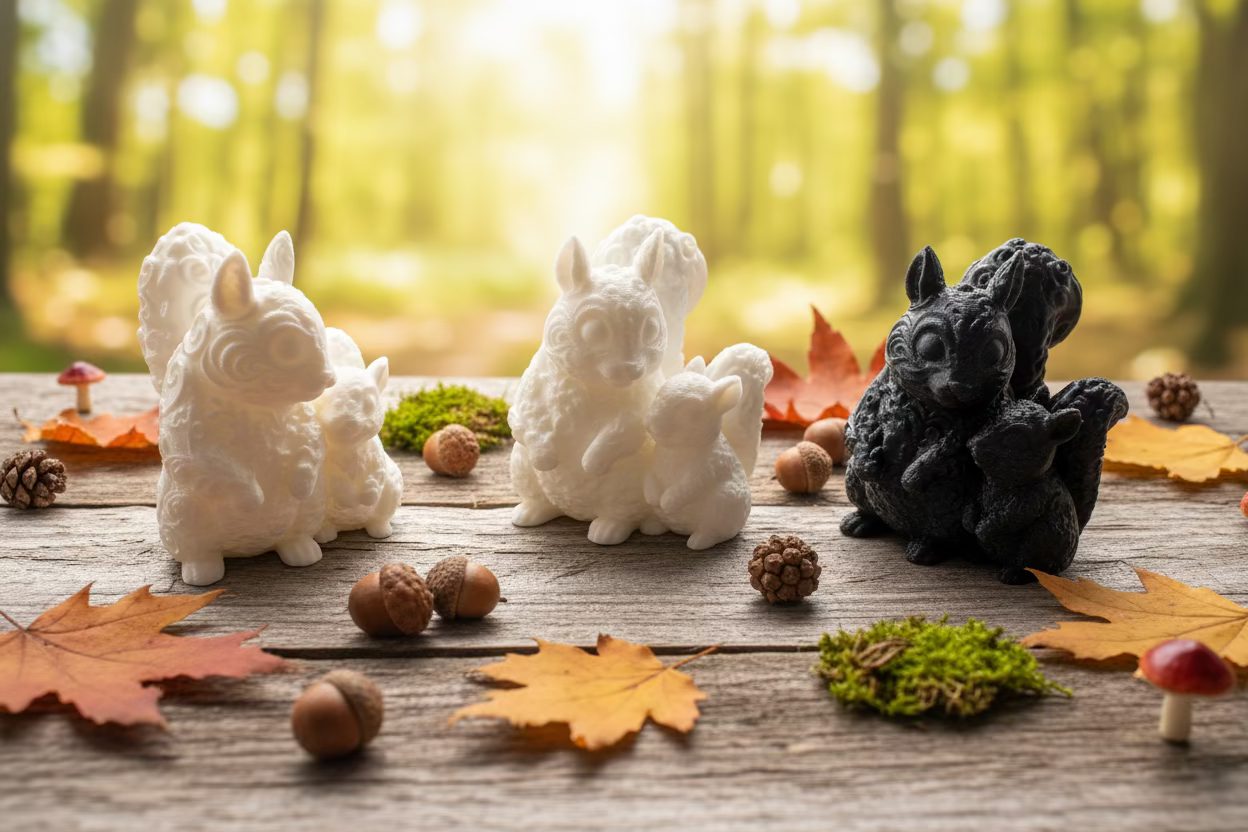 Eichhörnchen-Ornament-Set mit Baby, mehrere Figuren in Weiß und Schwarz