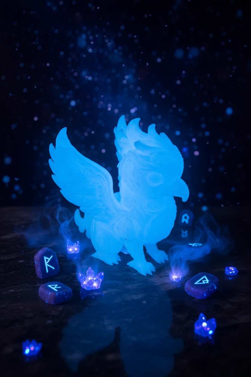 Blaues Greif-Ornament mit ausgebreiteten Flügeln, stilisierte Figur zum Dekorieren