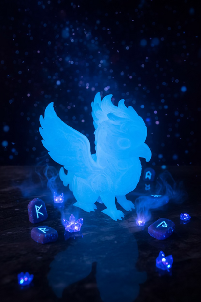 Blaues Greif-Ornament mit ausgebreiteten Flügeln, stilisierte Figur zum Dekorieren