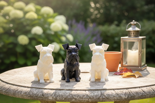 Schnauzer-Ornament-Set: zwei hellweiße und eine schwarze sitzende Dekofigur