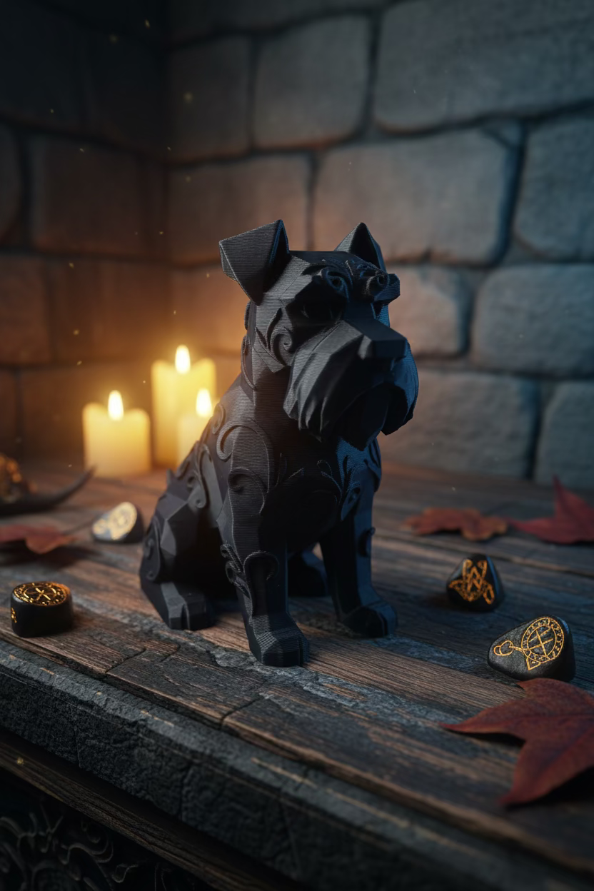 Schwarzes Schnauzer-Ornament als sitzende Dekofigur mit reliefiertem Fell