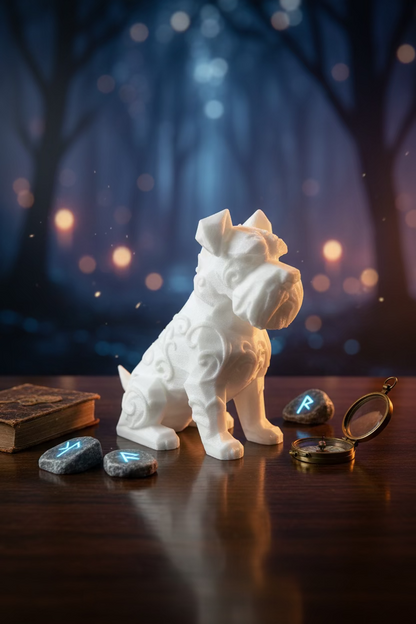 Hellweißes Schnauzer-Ornament als sitzende Dekofigur mit fein reliefierten Details