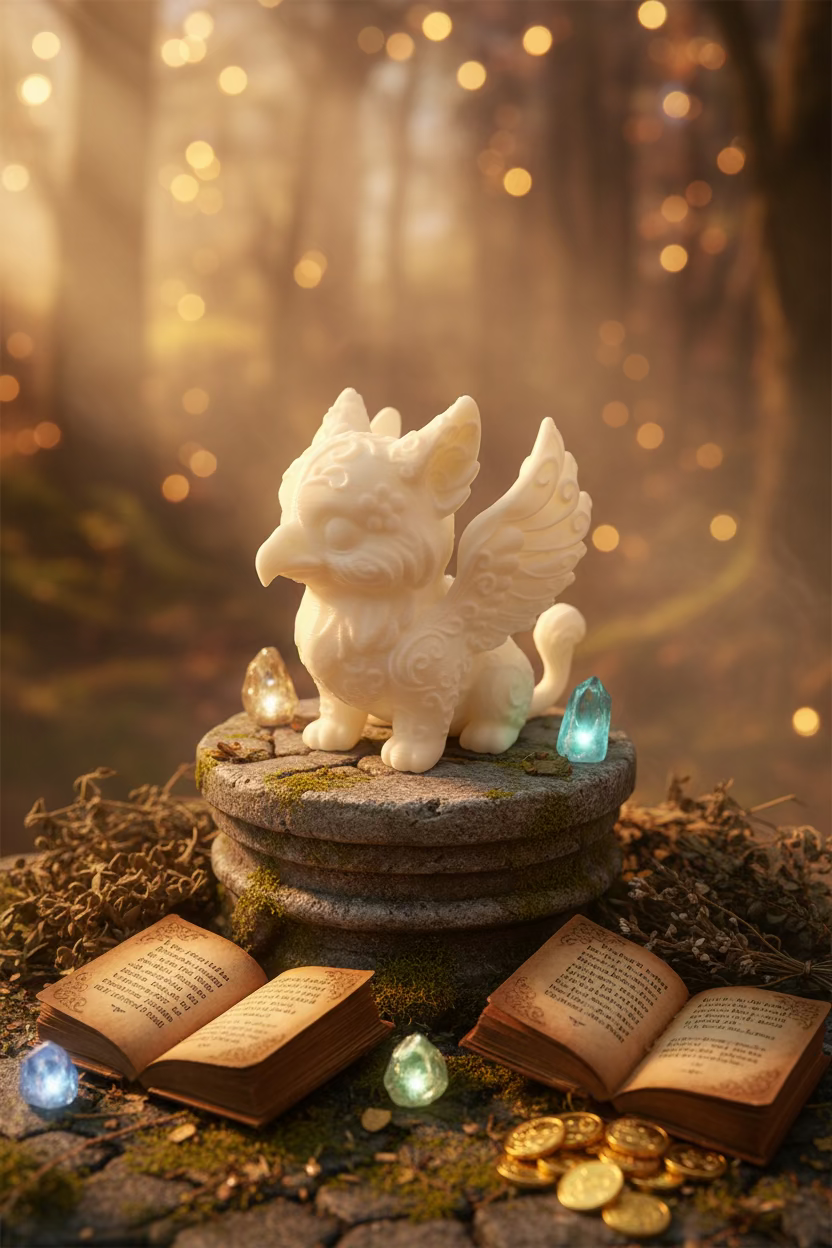 Baby-Greif-Ornament, beiger Greif mit Flügeln und ausgestrecktem Kopf