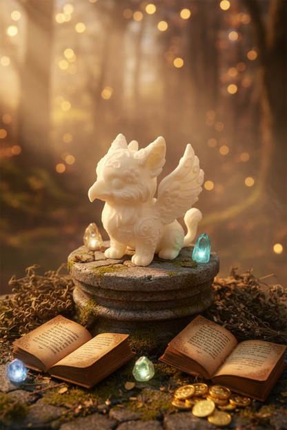 Baby-Greif-Ornament, beiger Greif mit Flügeln und ausgestrecktem Kopf