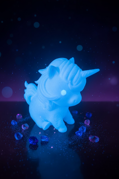 Einhorn-Ornament Babyfigur, leuchtend blau, sitzend mit Horn
