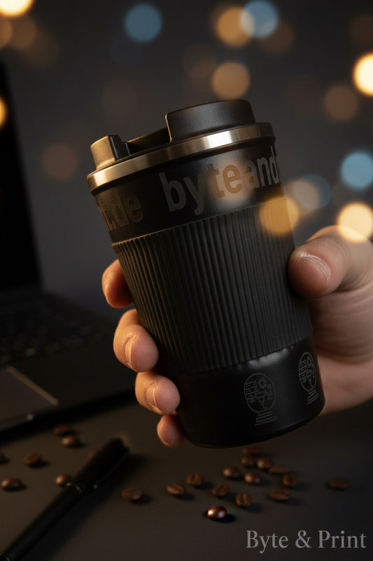 Thermokaffeebecher schwarz mit Gravur und goldener Deckelkante in der Hand