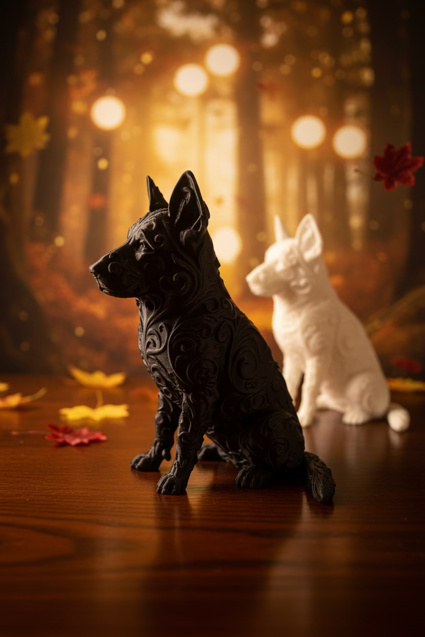 Zwei Schäferhund-Ornamente, dunkel und hellweiß, stehend auf Schneideunterlage