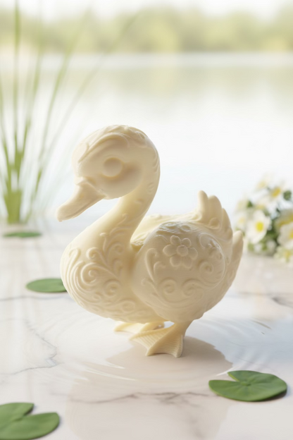 Schwan-Ornament aus Harz in Beige, sitzende Schwanenfigur mit Zierprägung