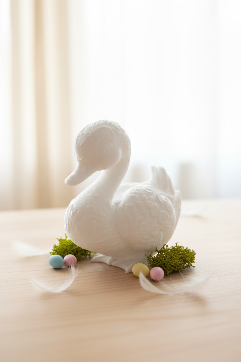 Schwan-Ornament aus Harz in Weiß, sitzende Schwanenfigur mit geschwungenem Kopf