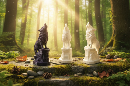 Wolf-Ornament mit drei Wolfsfiguren auf Sockel: dunkel, creme und weiß