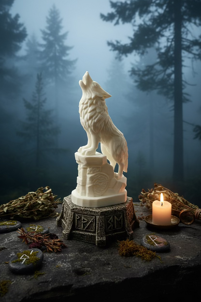 Wolf-Ornament in Beige, seitlich stehend auf Sockel mit Prägung
