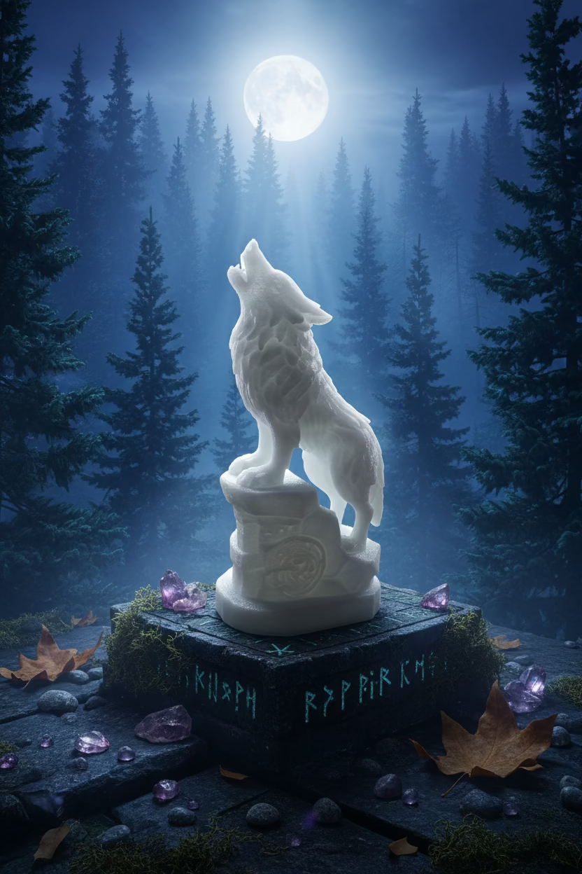 Wolf-Ornament in Hellcreme, stehend auf rundem Sockel mit Gravur