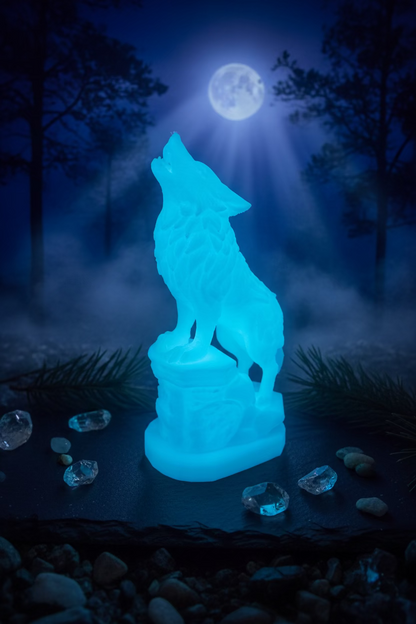 Wolf-Ornament in Blau, stehend auf Sockel mit markanter Schnitzoptik