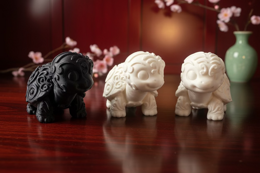 Schildkröten-Ornamente: schwarze und beigen Figuren als Deko-Figuren.