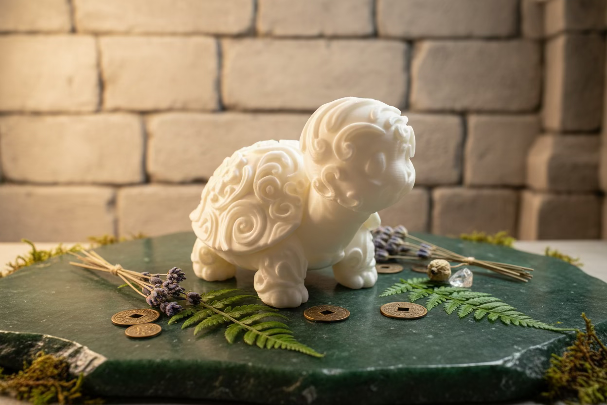 Beiges Schildkröten-Ornament, seitliche Ansicht der reliefierten Figur.
