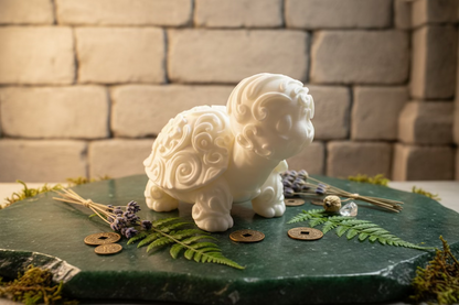 Beiges Schildkröten-Ornament, seitliche Ansicht der reliefierten Figur.