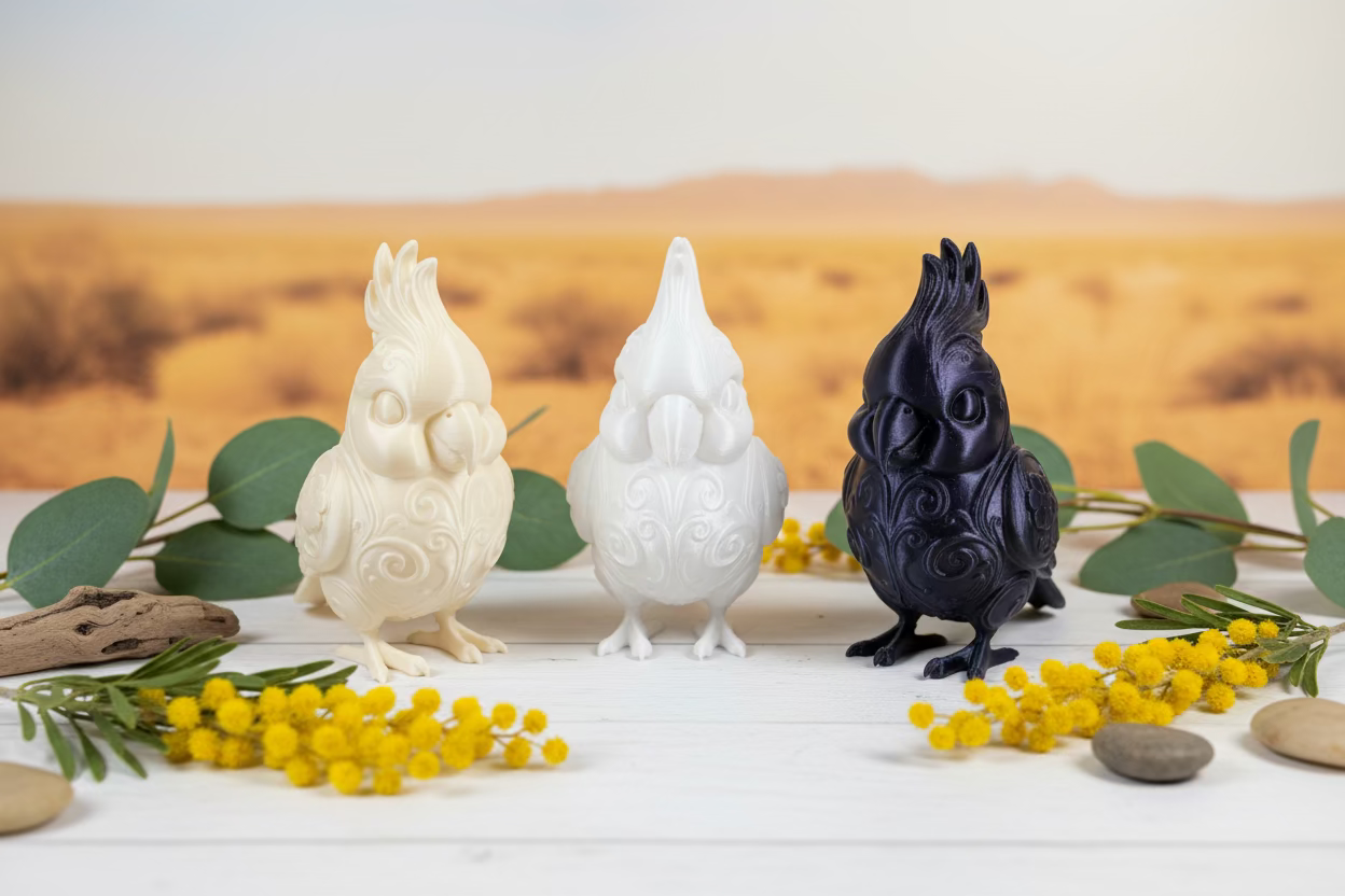 Kakadu-Deko-Ornament, Set aus drei Vogel-Skulpturen in Weiß, Beige und Schwarz
