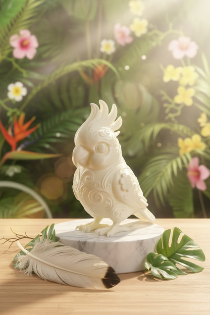 Kakadu-Deko-Ornament, beiges Vogelornament mit eingravierten Mustern und Pfoten