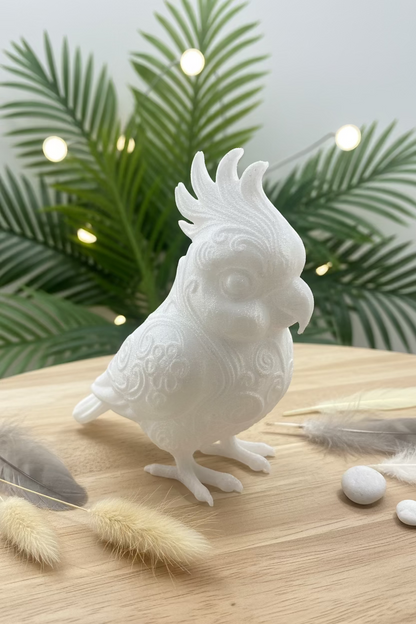 Kakadu-Deko-Ornament, weißes Vogelrelief mit feiner Federstruktur und 3D-Optik
