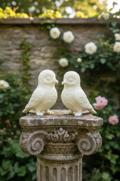 Tauben-Ornamentfigur in Beige mit Reliefwirbeln, seitliche Ansicht