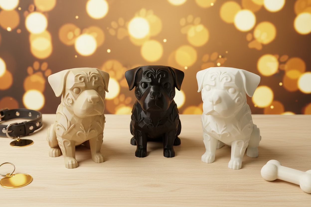 Rottweiler-Ornament-Set mit drei Hunden: zwei beiger und ein schwarzer, sitzend