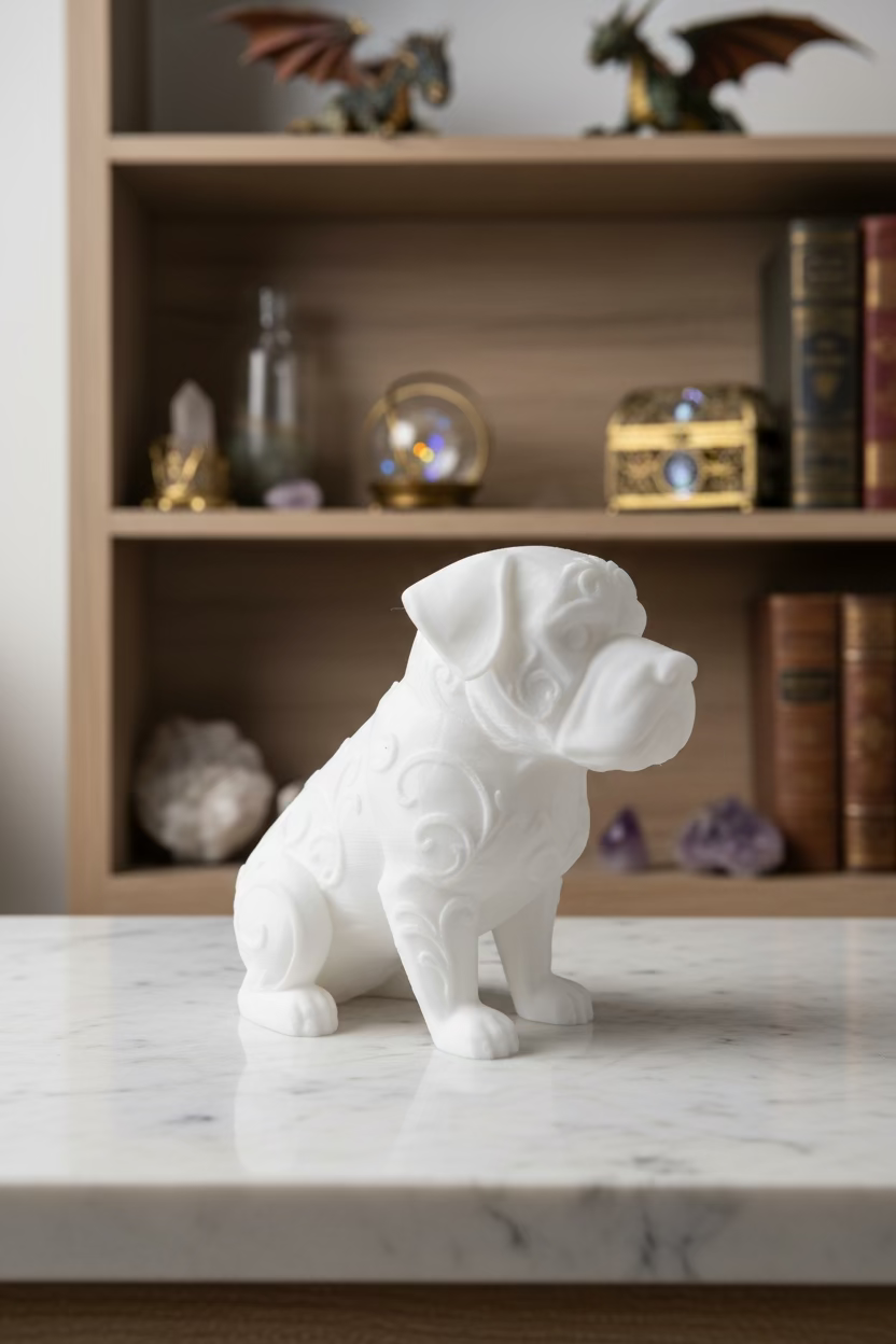 Rottweiler-Ornament, beige, sitzend in Seitenansicht mit erhobenem Kopf