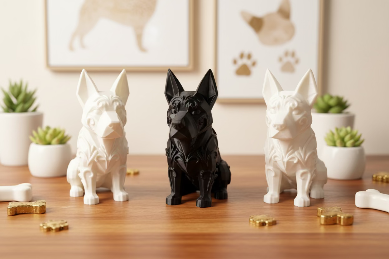 Schäferhund-Deko (Low-Poly) in drei Farben: weiß, schwarz und beige, als Figuren aufgestellt.