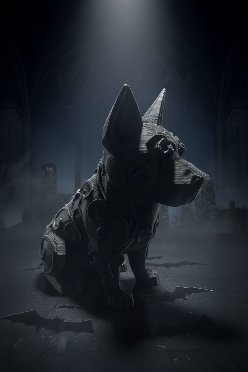 3D-Skulptur-Anhänger: Schäferhund in dunkel, Low-Poly mit Prägungen, Dreiviertelansicht.