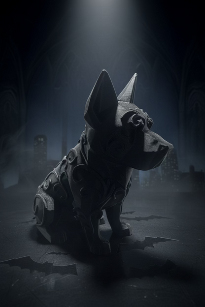 3D-Skulptur-Anhänger: Schäferhund in dunkel, Low-Poly mit Prägungen, Dreiviertelansicht.