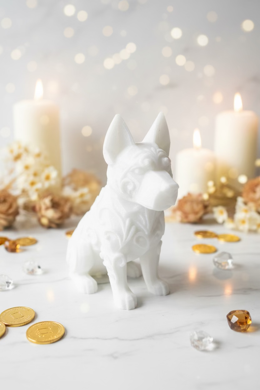 3D-Skulptur-Anhänger: Schäferhund in hellem Weiß, Low-Poly-Design, Seitenansicht auf Platte.