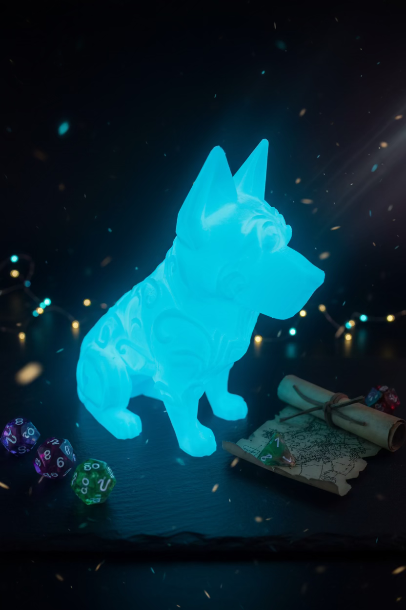 3D-Skulptur-Anhänger: Schäferhund in leuchtend blau, Low-Poly-Design, seitliche Ansicht.