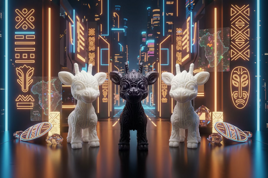 Deko-Set mit drei Cyberpunk-Giraffen-Ornamenten: zwei weiße und eine schwarze Figur