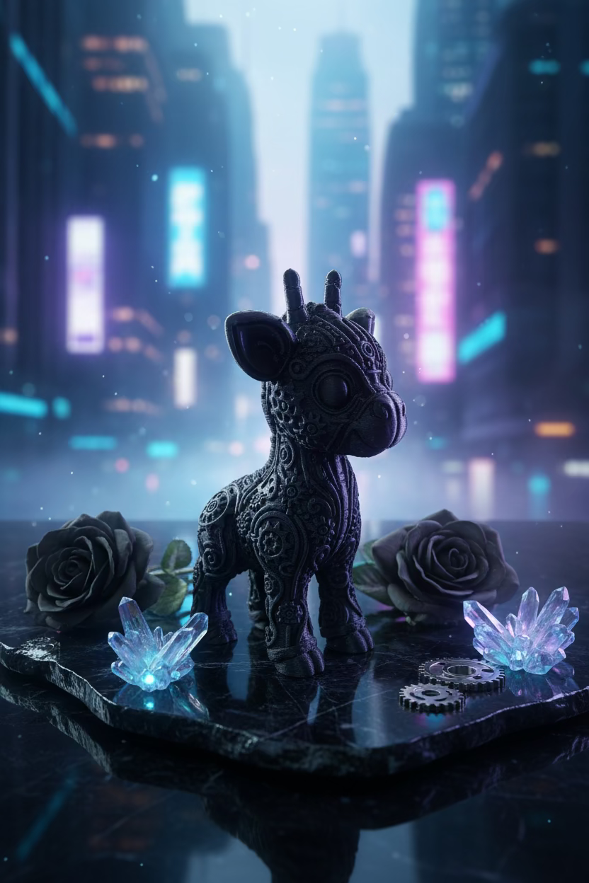 Cyberpunk-Giraffen-Ornament in Schwarz, Giraffenfigur mit kunstvollen Reliefmustern