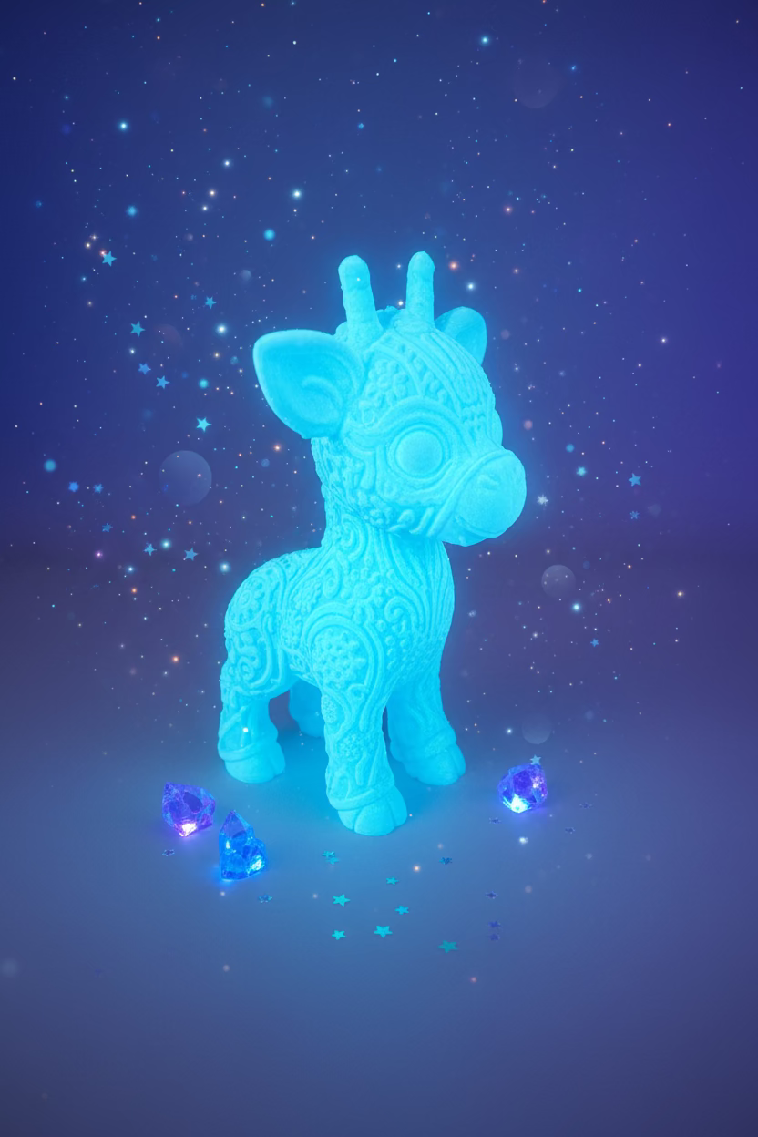 Cyberpunk-Giraffen-Ornament, blau leuchtend, mit stilisierten Reliefmustern