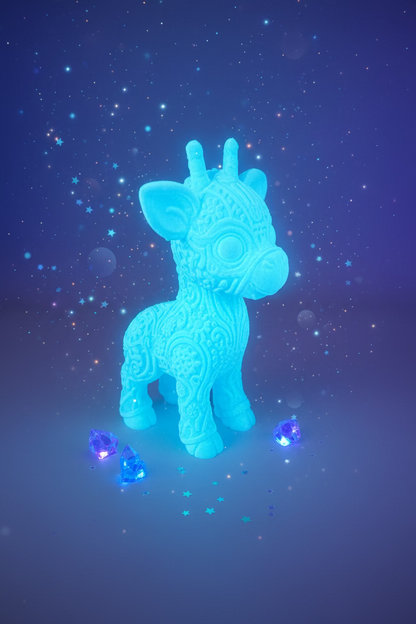 Cyberpunk-Giraffen-Ornament, blau leuchtend, mit stilisierten Reliefmustern
