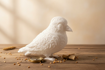Krähen-Ornament, beiger Krähenvogel mit reliefierten Mustern und ausgestrecktem Flügel