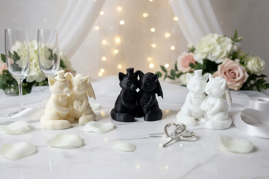Panda-Dekorationsfigur, weißes und schwarzes Hochzeitspaar auf Tisch mit Deko-Ringen