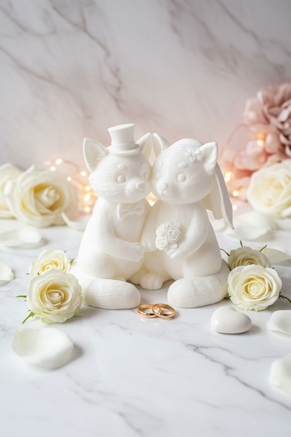 Panda-Dekorationsfigur, hellbeiges Hochzeitspaar sitzt mit Schleife und rotem Herz-Element