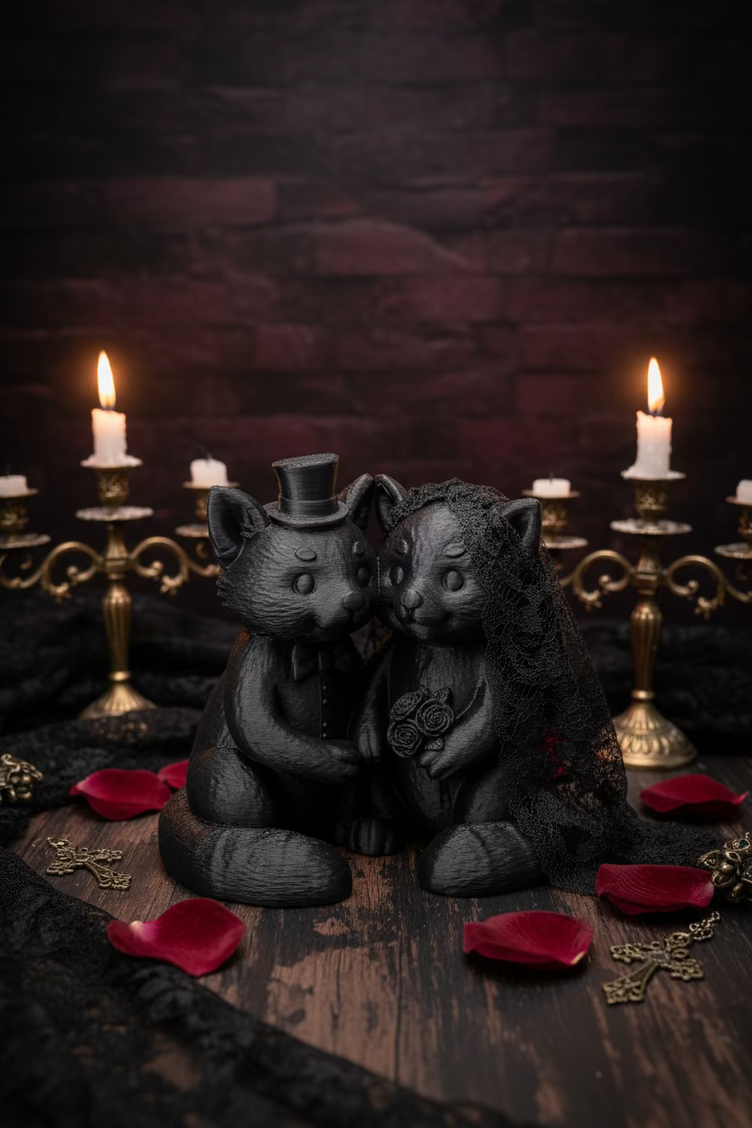 Panda-Dekorationsfigur, dunkles Hochzeitspaar sitzt mit Schleife und rotem Herz-Element